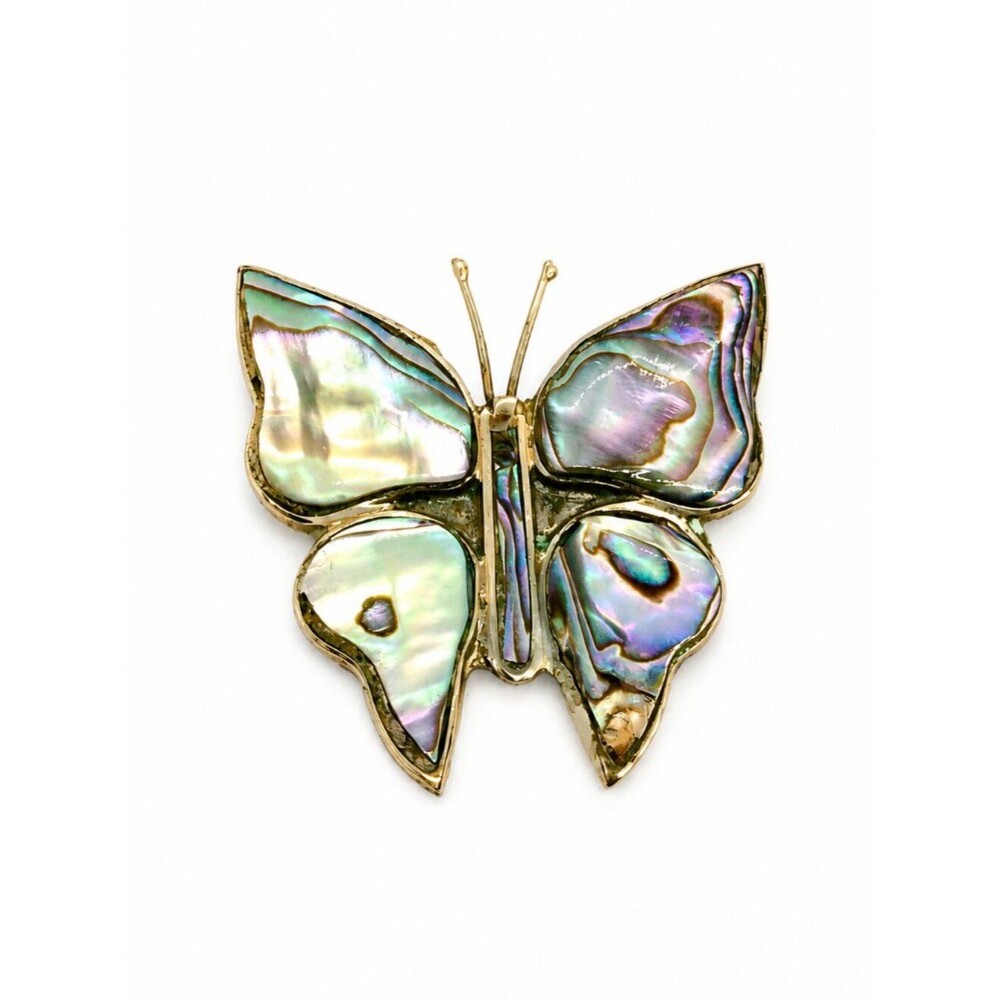 VINTAGE ALPACA BROOCH Abalone Butterfly Mexico Iridescent Shell Signed